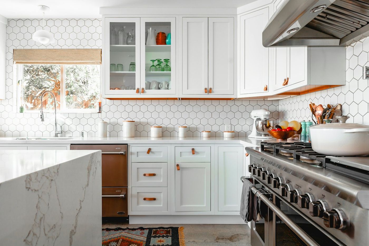 Bright kitchen with hexagonal tiles