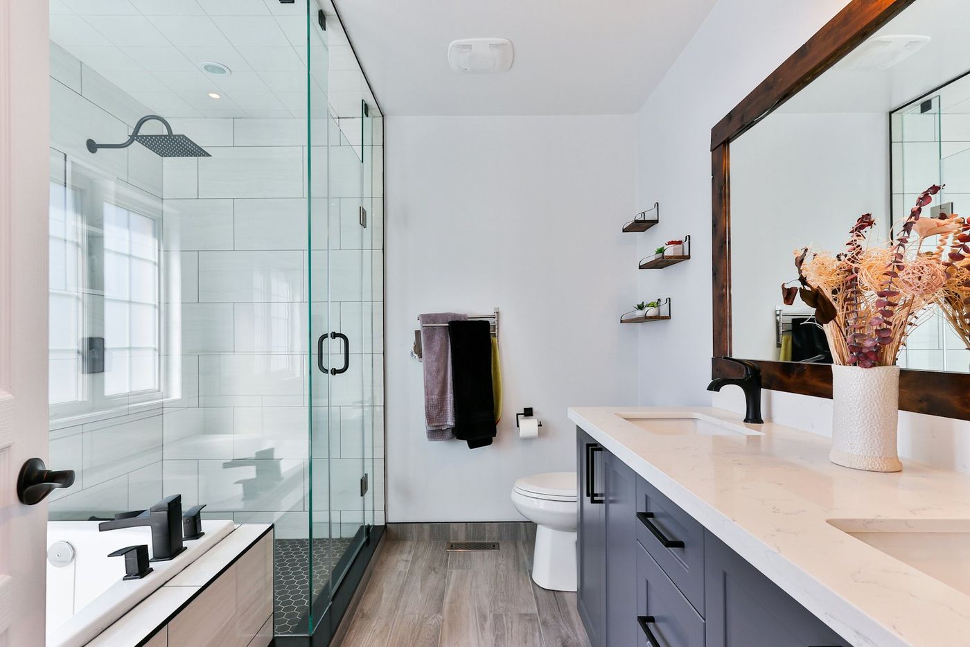 Modern bathroom with shower and vanity